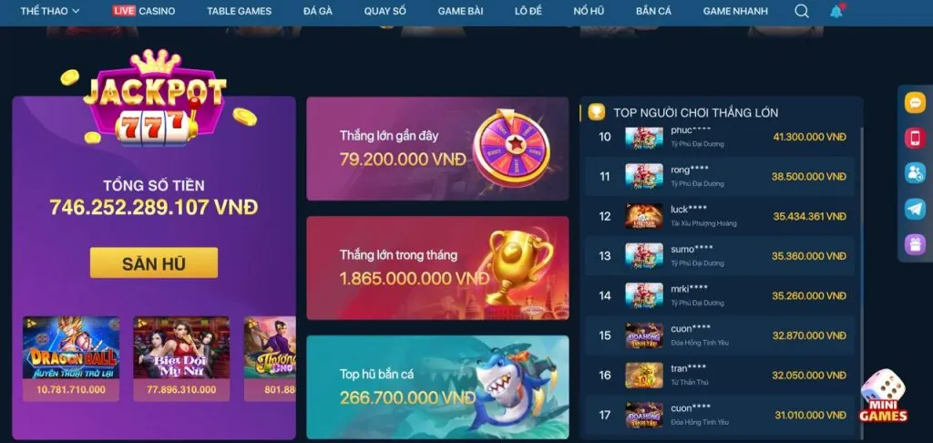 Game nổ hũ jackpot lũy tiến với số tiền thưởng khổng lồ